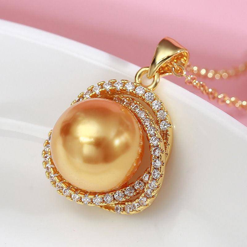 Golden South Sea Pearl 11.0-12.0mm & CZ Rose Pendant Necklace