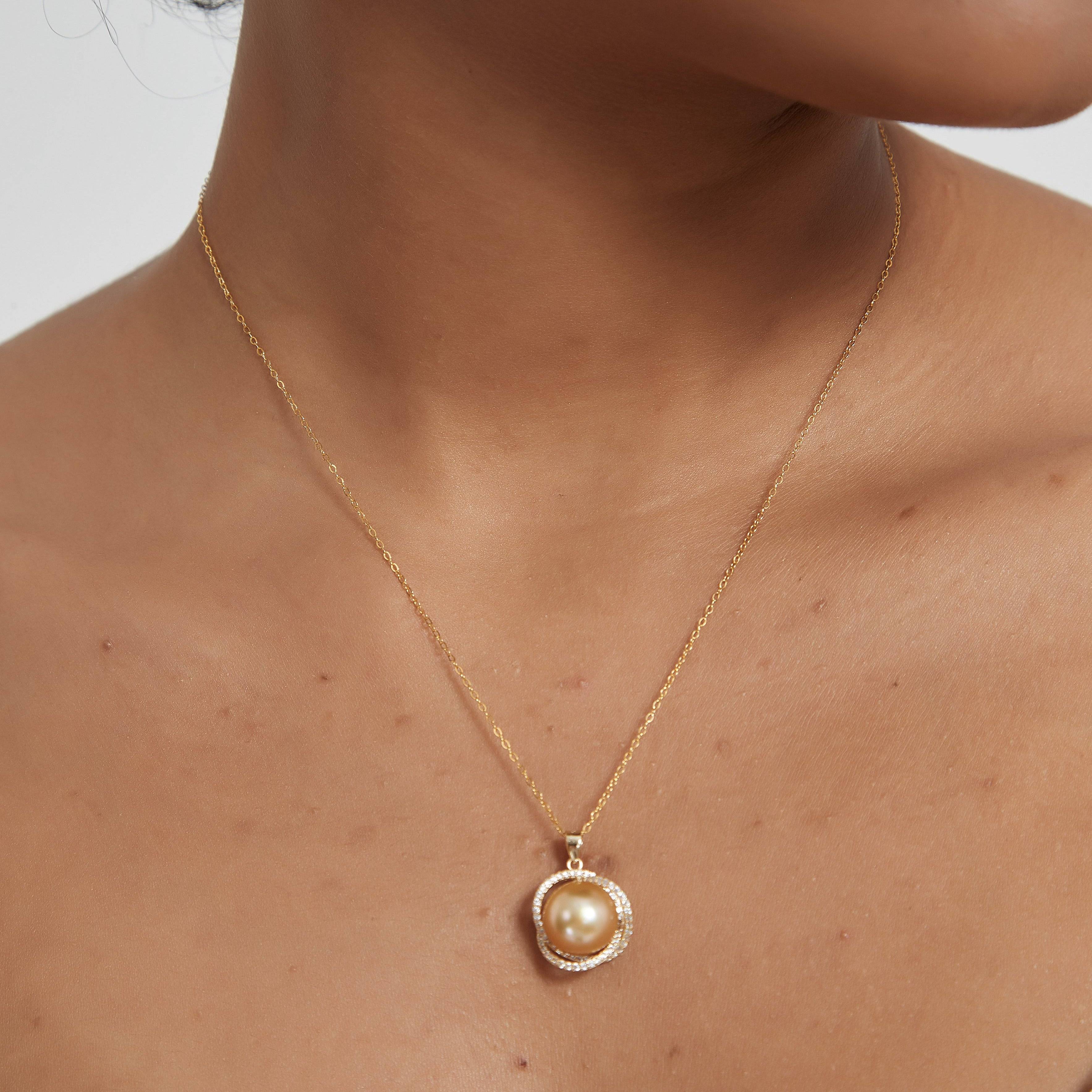 Golden South Sea Pearl 11.0-12.0mm & CZ Rose Pendant Necklace