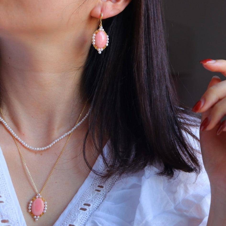 Princess Oval Pink Queen Conch Shell Pearls Earrings l Necklacel Set