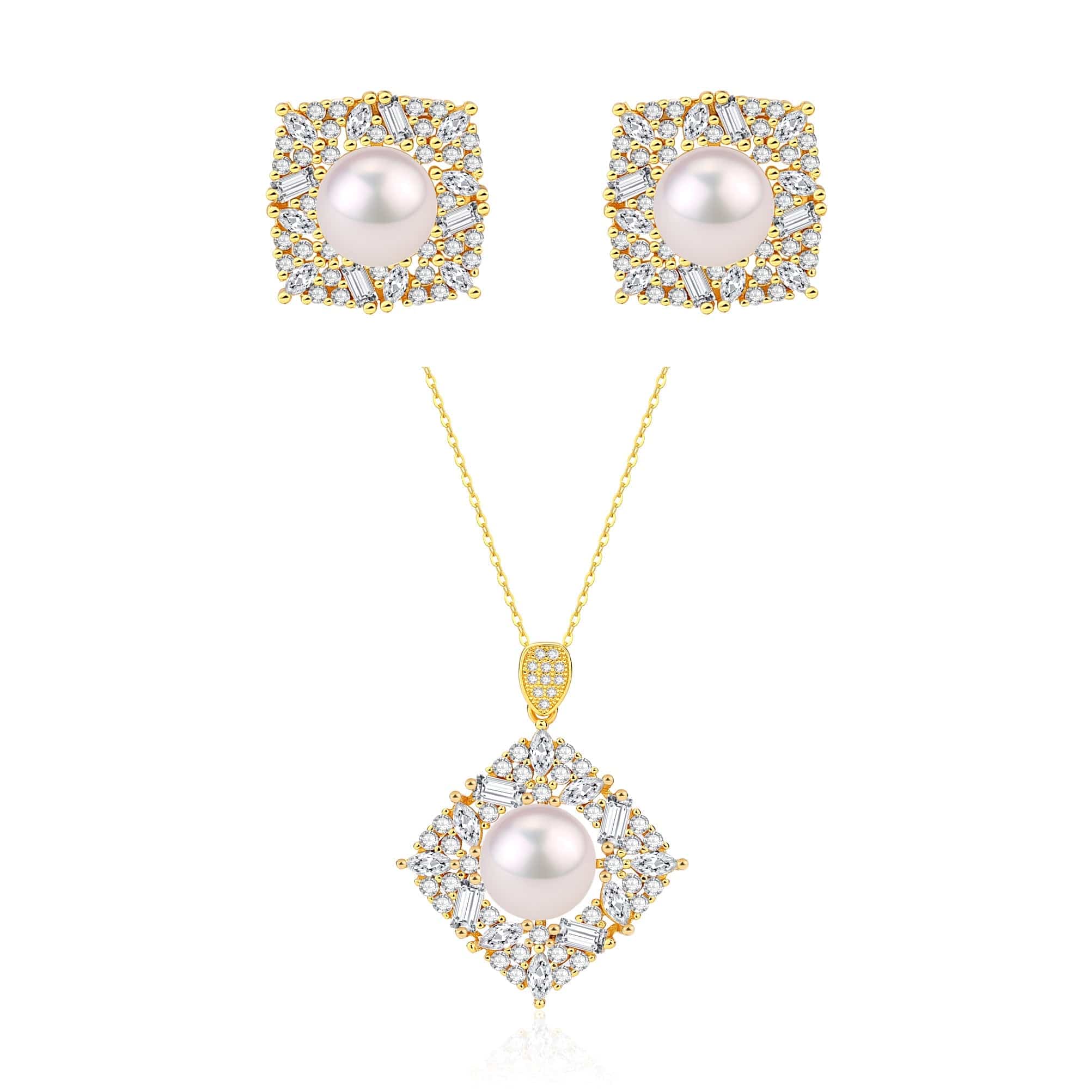 Square Pendant CZ White Freshwater Pearl Necklace Gold Vermeil