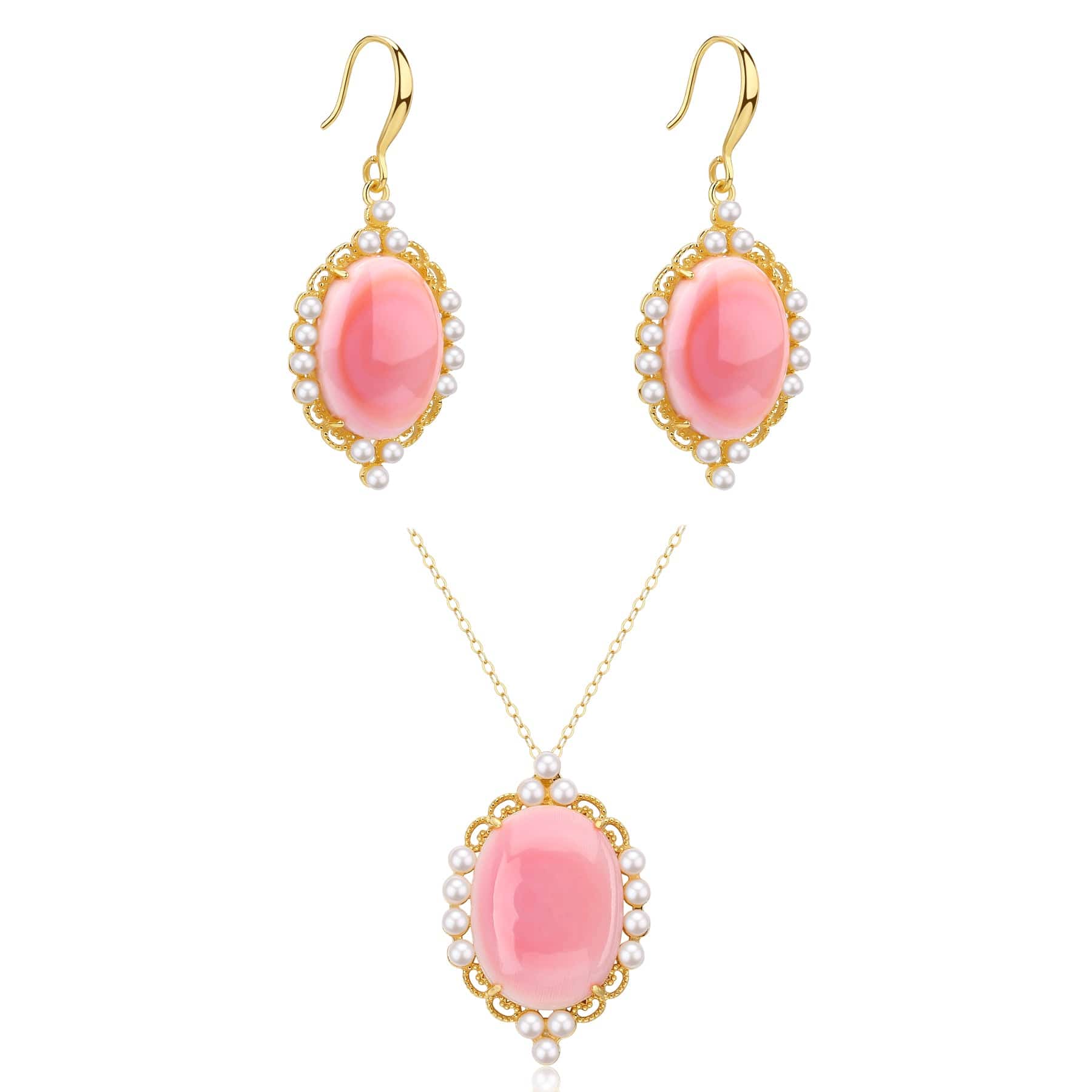 Princess Oval Pink Queen Conch Shell Pearls Earrings l Necklacel Set
