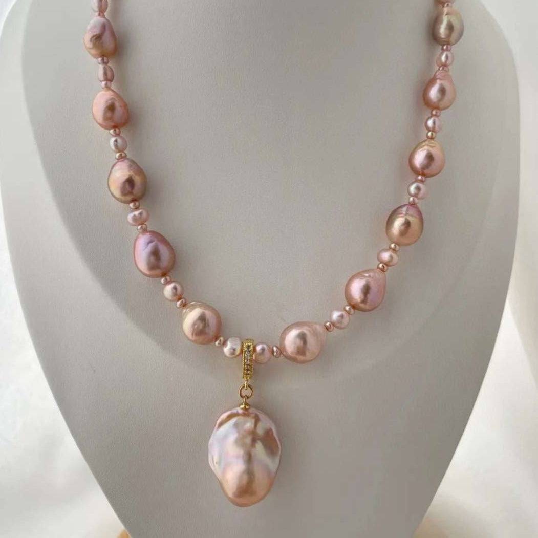 Radiant Pink to Purple Baroque Pearl Necklace