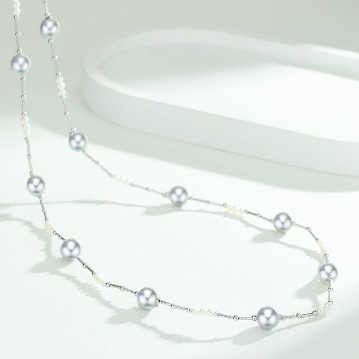 Silver Blue Seawater Tin Cup Beaded Pearl Necklace