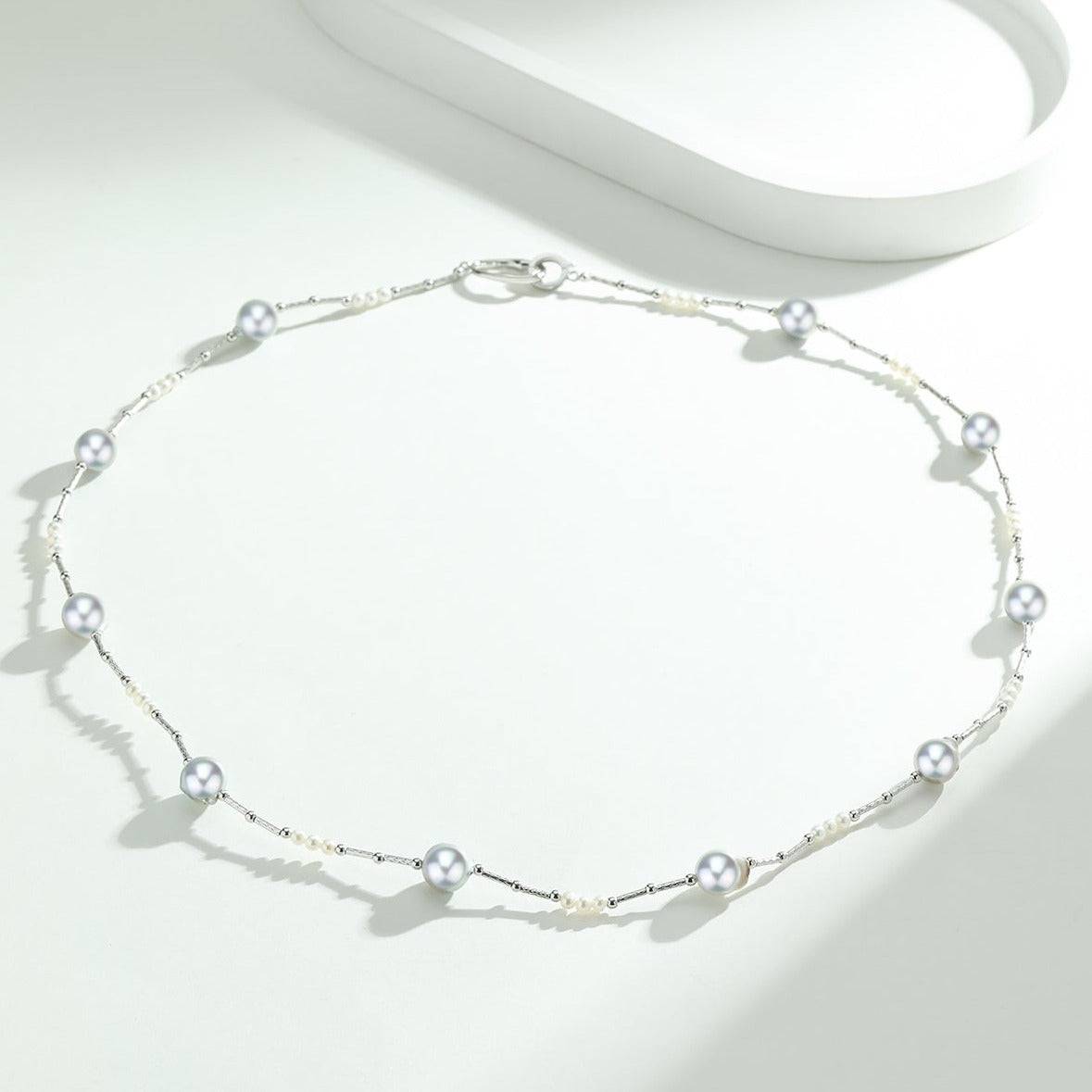 Silver Blue Seawater Tin Cup Beaded Pearl Necklace
