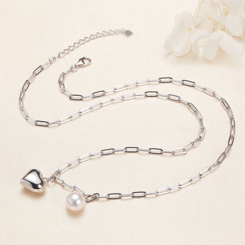 Silver Heart Pearl Pendant Necklace