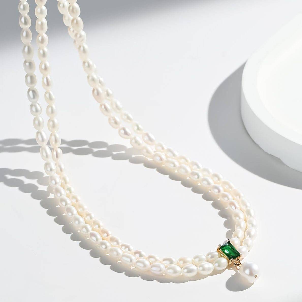 Super-Slim Freshwater Pearl Double Strand Emerald Layer Necklace