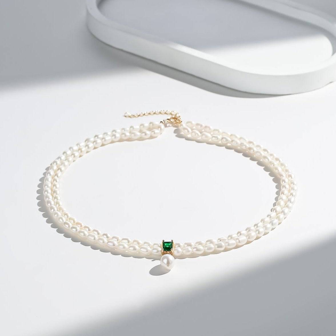 Super-Slim Freshwater Pearl Double Strand Emerald Layer Necklace