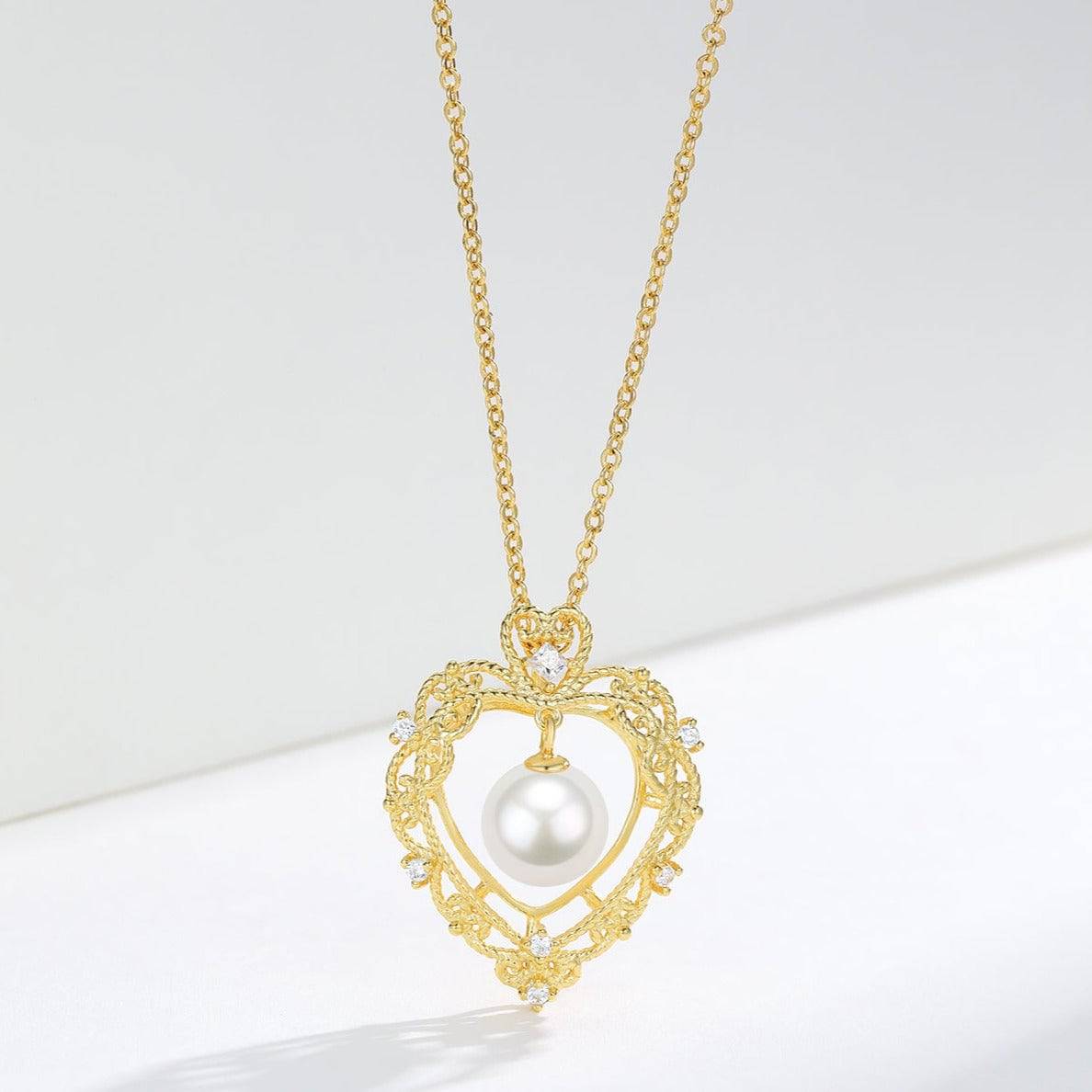 Vintage Hollow Heart Freshwater Pearl Pendant Necklace