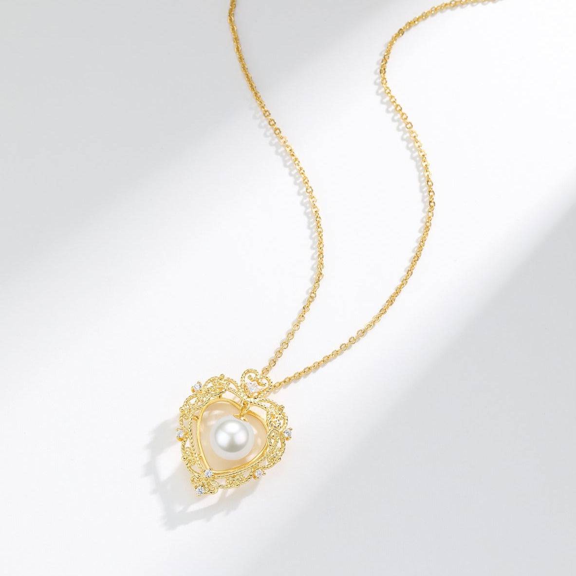 Vintage Hollow Heart Freshwater Pearl Pendant Necklace