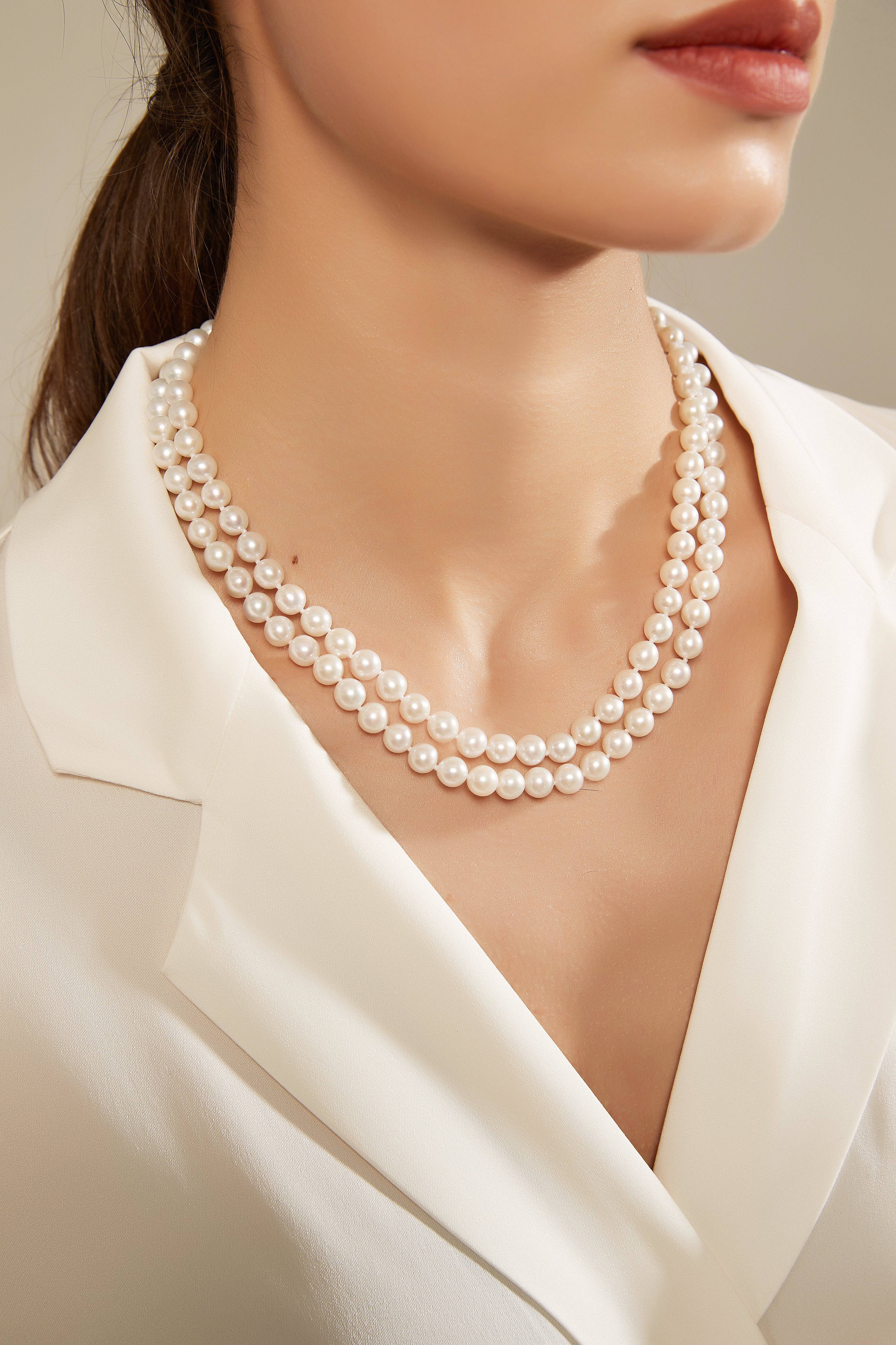 White 7.5-8.0mm Freshwater Pearl Double Strand Necklace, Silver Clasp