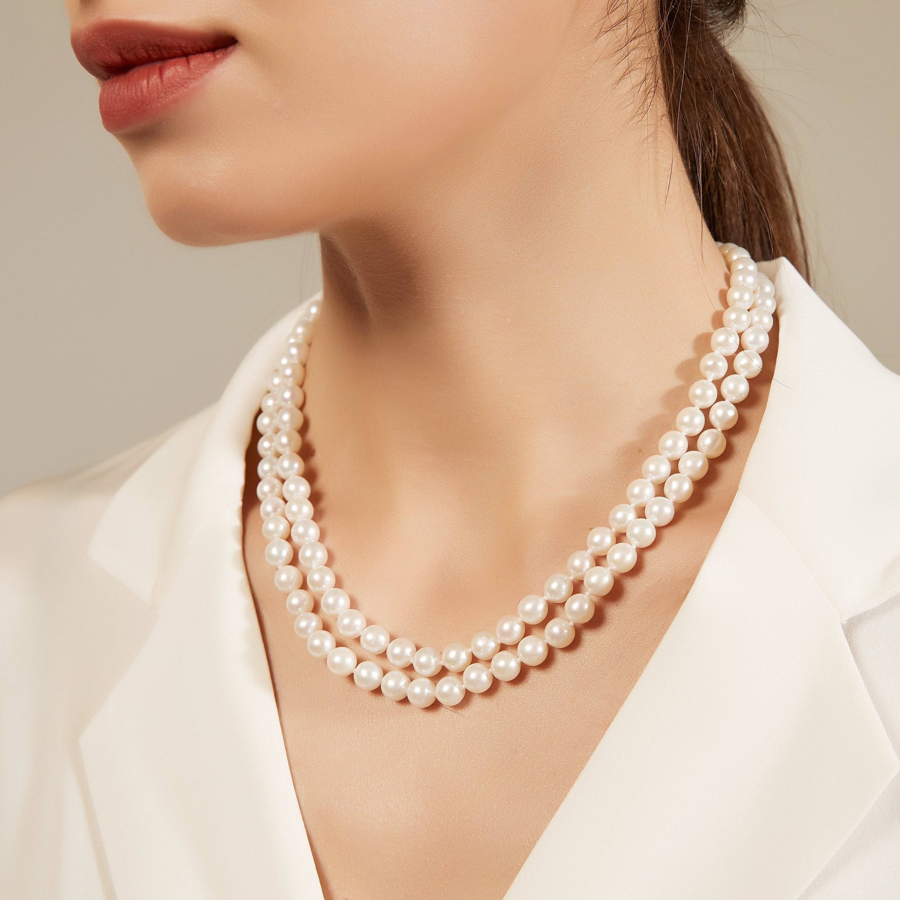 White Freshwater Double Strand Pearl Necklace, 7.5-8.0mm