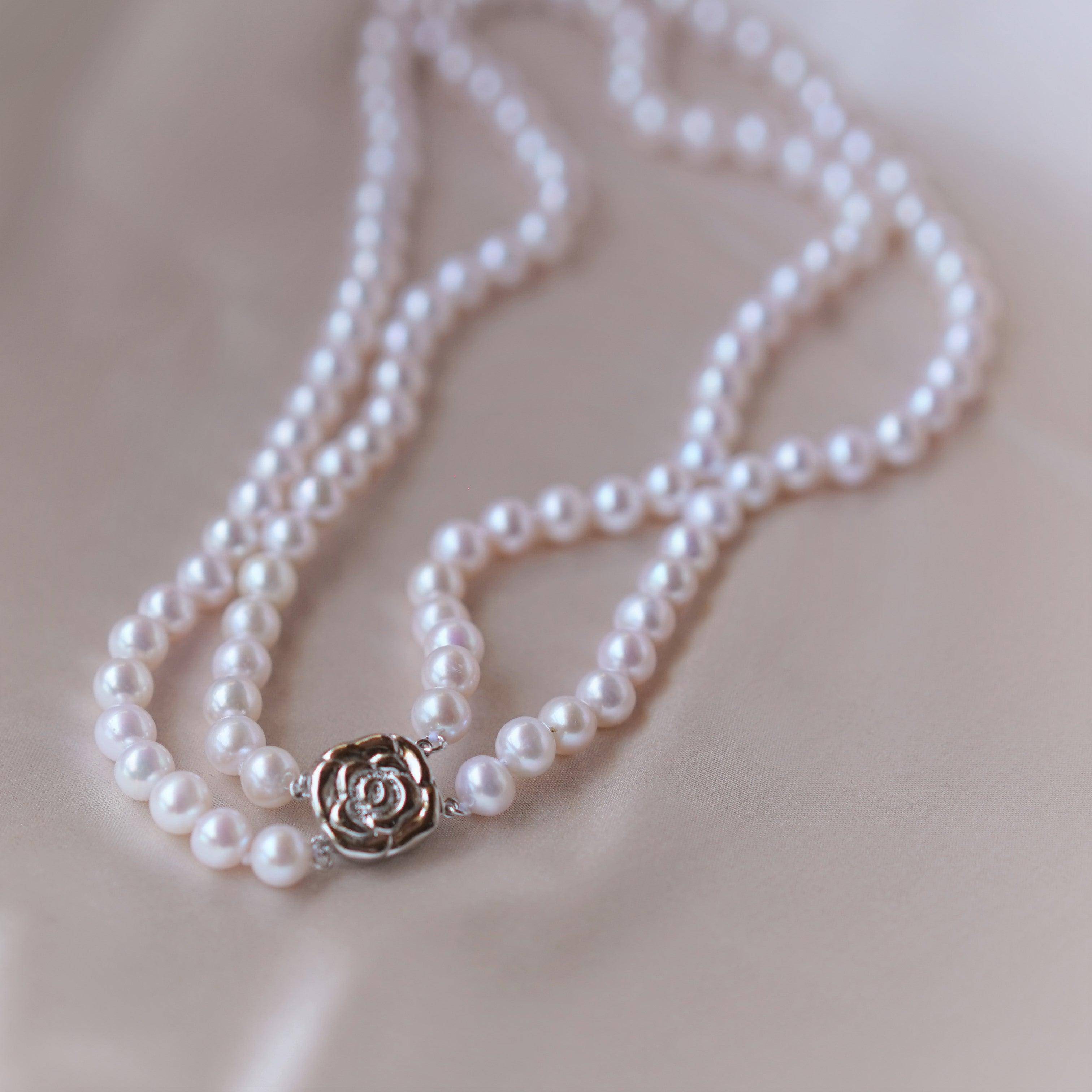 White Freshwater Double Strand Pearl Necklace, 7.5-8.0mm