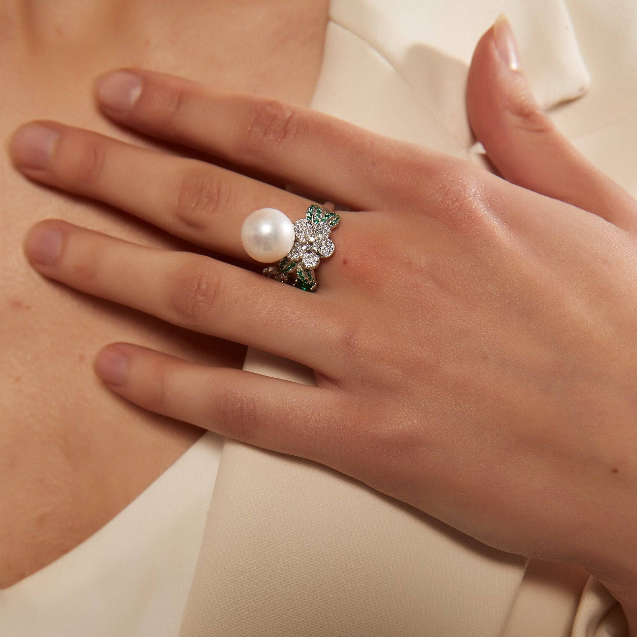 11-12mm Freshwater Pearl & Floral Green CZ Ring