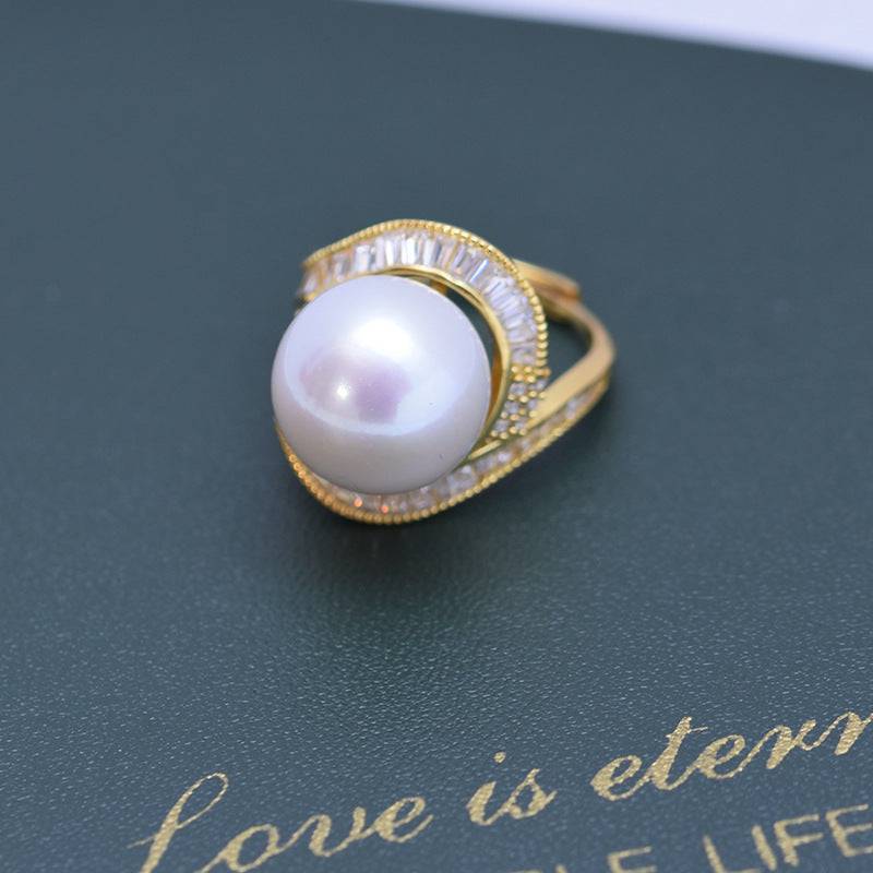 12-13mm Freshwater Pearl & Large Full CZ Rose Ring