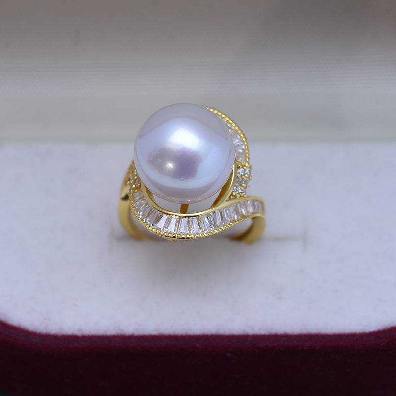 12-13mm Freshwater Pearl & Large Full CZ Rose Ring