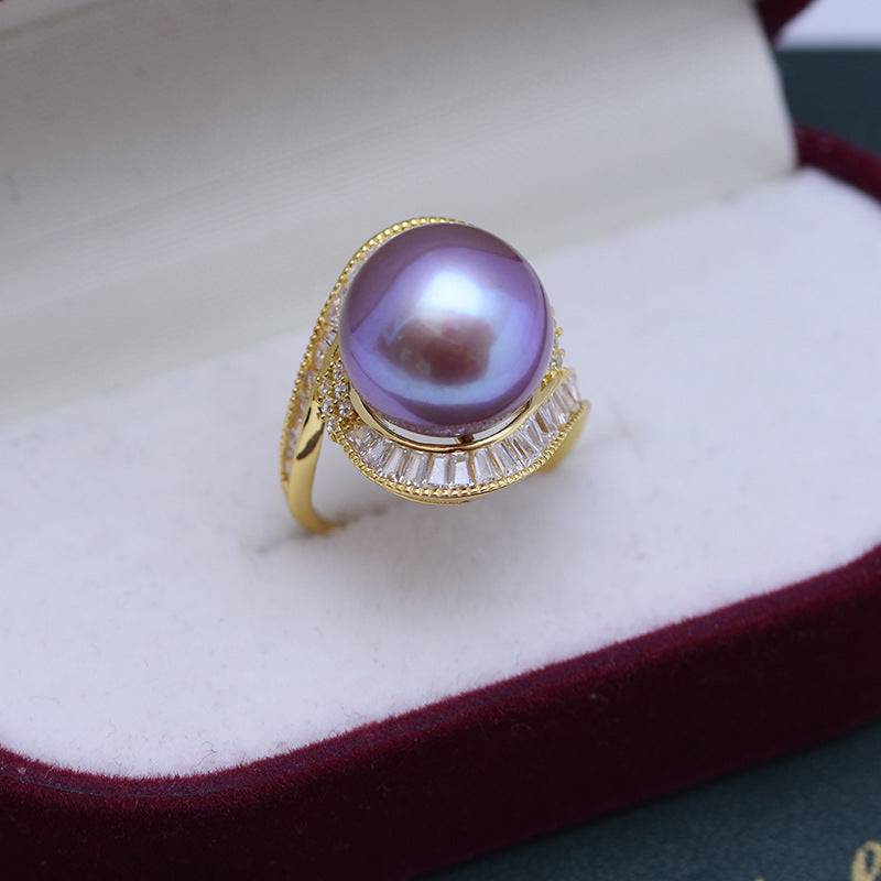 12-13mm Freshwater Pearl & Large Full CZ Rose Ring