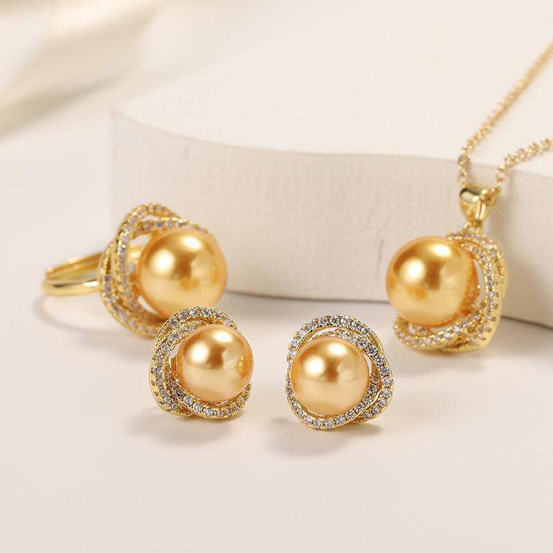 Golden South Sea Pearl 11.0-12.0mm & CZ Rose Set
