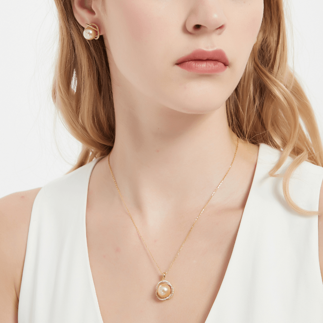 Golden South Sea Pearl 11.0-12.0mm & CZ Rose Set