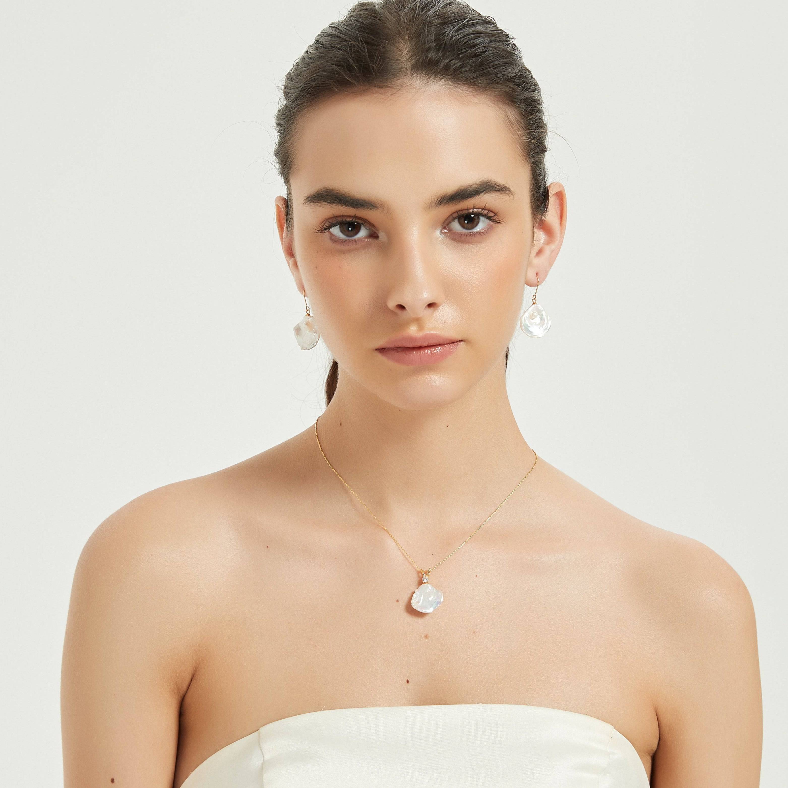 Petal-Shaped Floral Baroque Pearl Necklace and Earrings Set