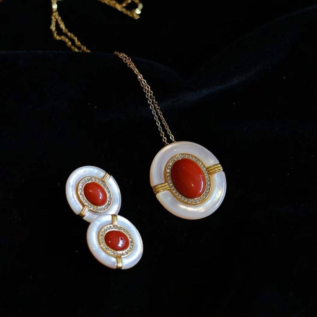 Red Onyx Mother Of Pearls Earrings, Necklace and Ring (Purchase individually)
