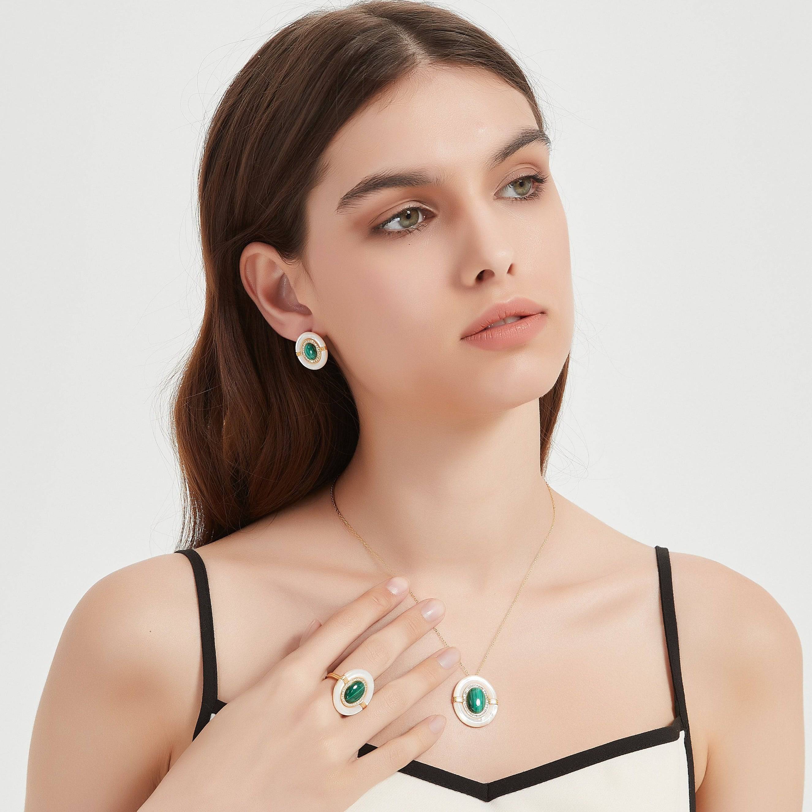 Green Malachite Mother Of Pearls Earrings, Necklace and Ring (Purchase individually)