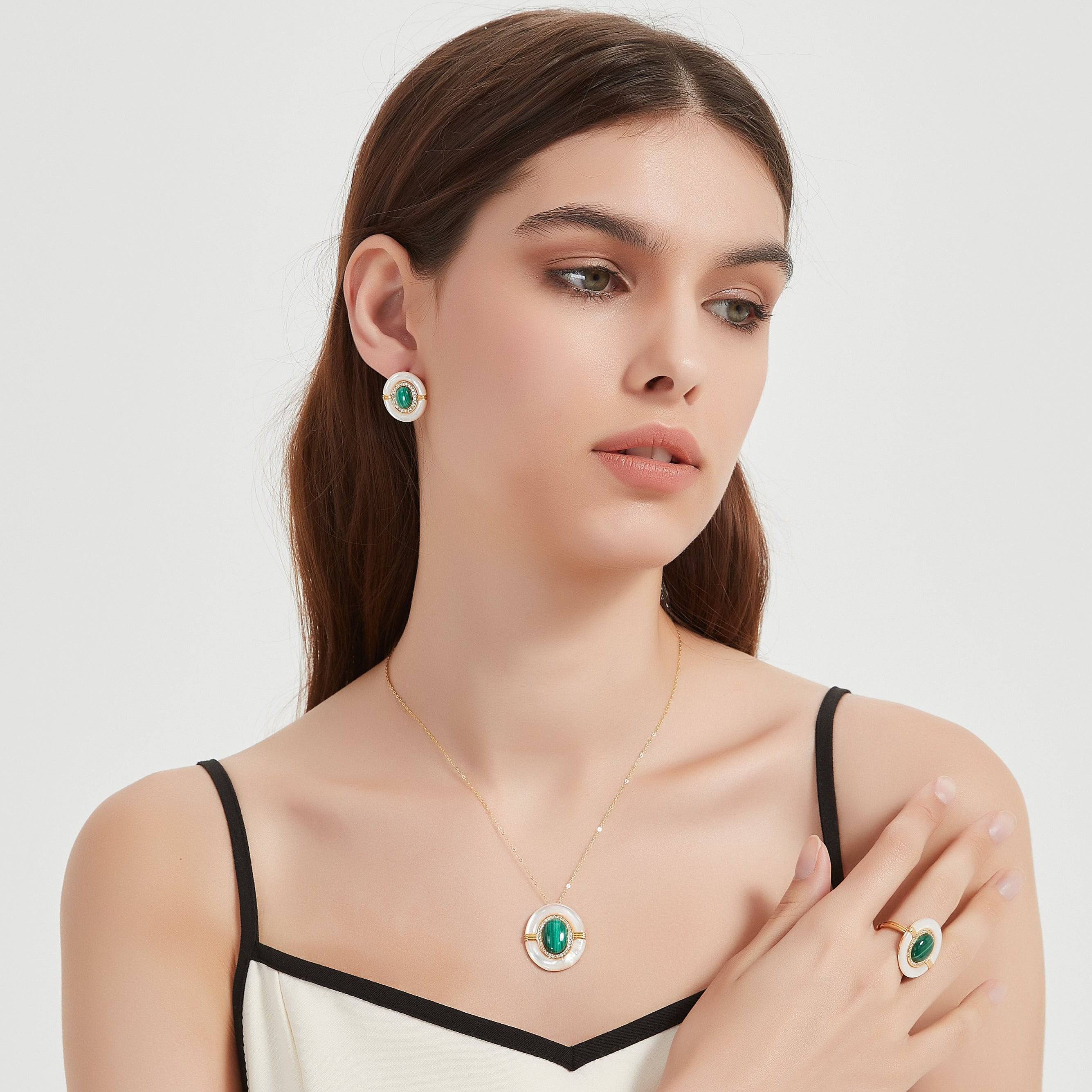Green Malachite Mother Of Pearls Earrings, Necklace and Ring (Purchase individually)