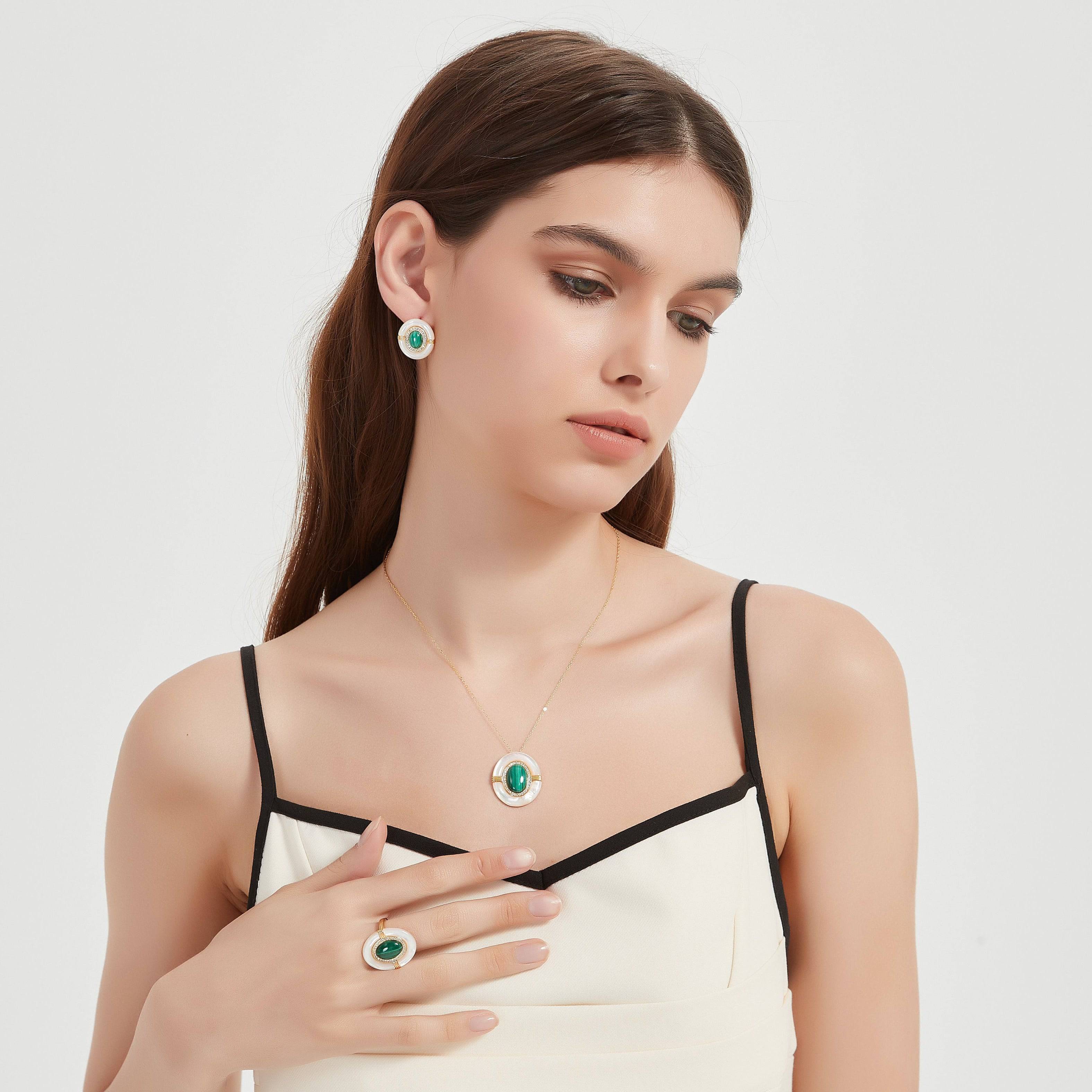 Green Malachite Mother Of Pearls Earrings, Necklace and Ring (Purchase individually)