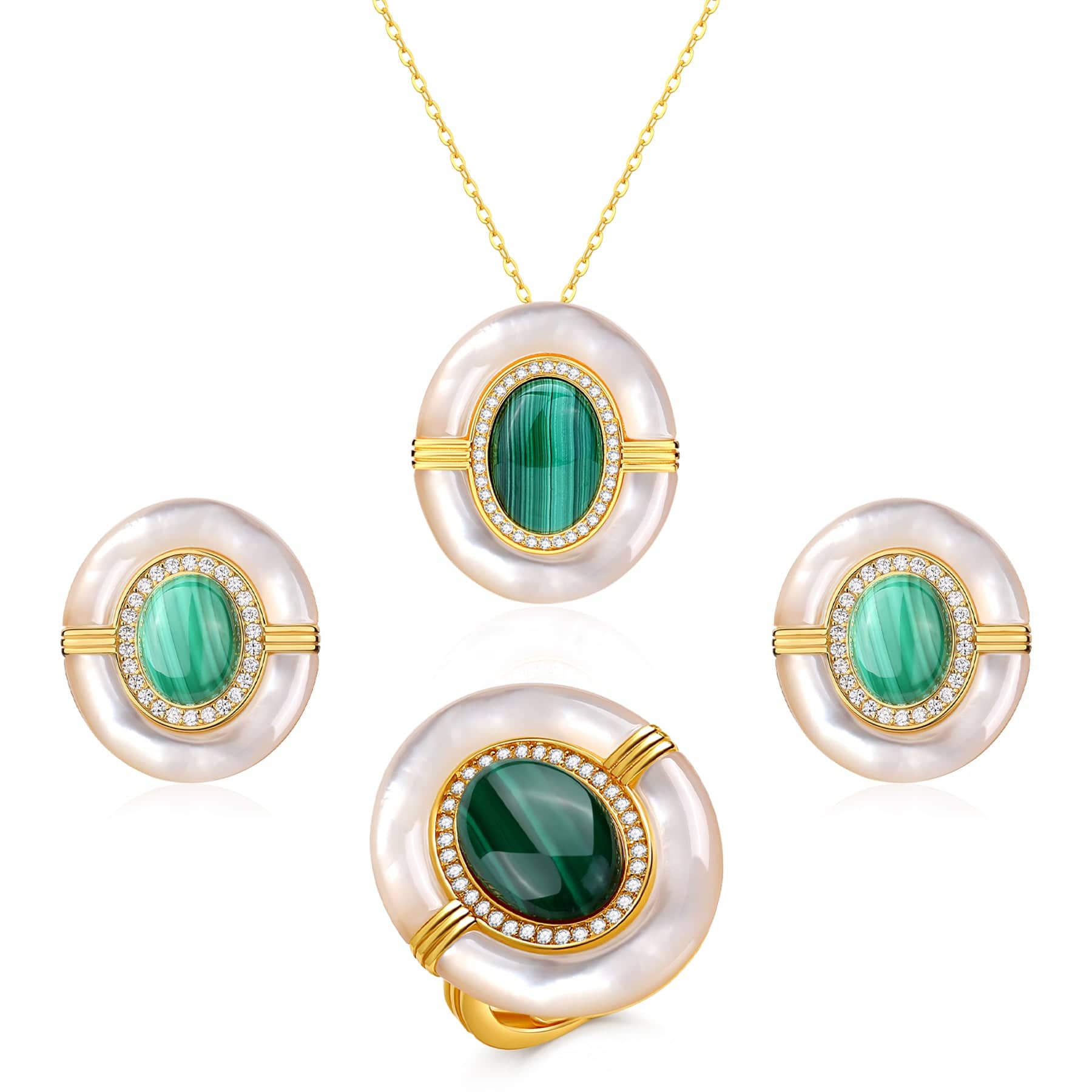 Green Malachite Mother Of Pearls Earrings, Necklace and Ring (Purchase individually)