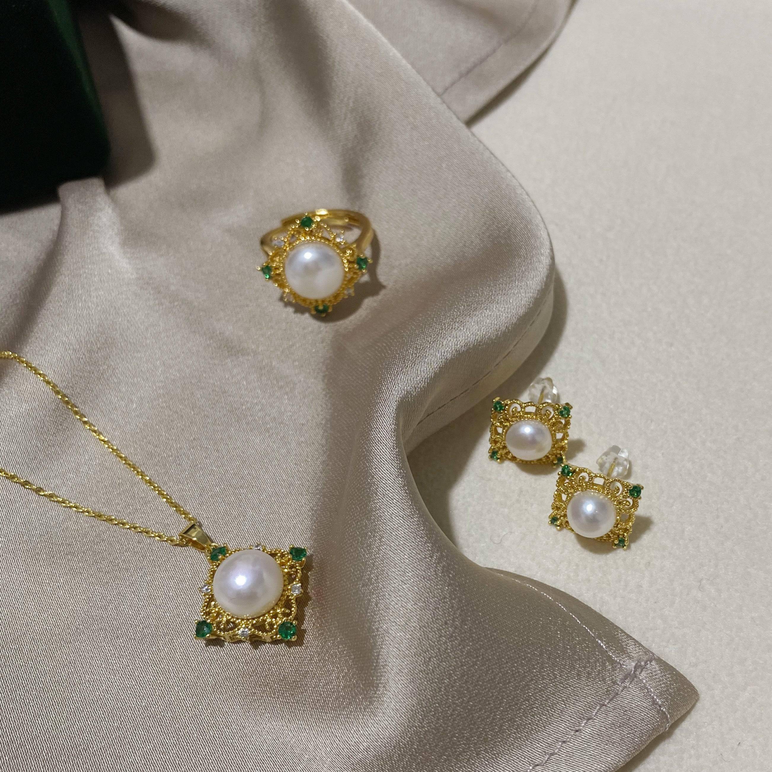 Green Square Pendant White Freshwater Pearl Jewelry Set