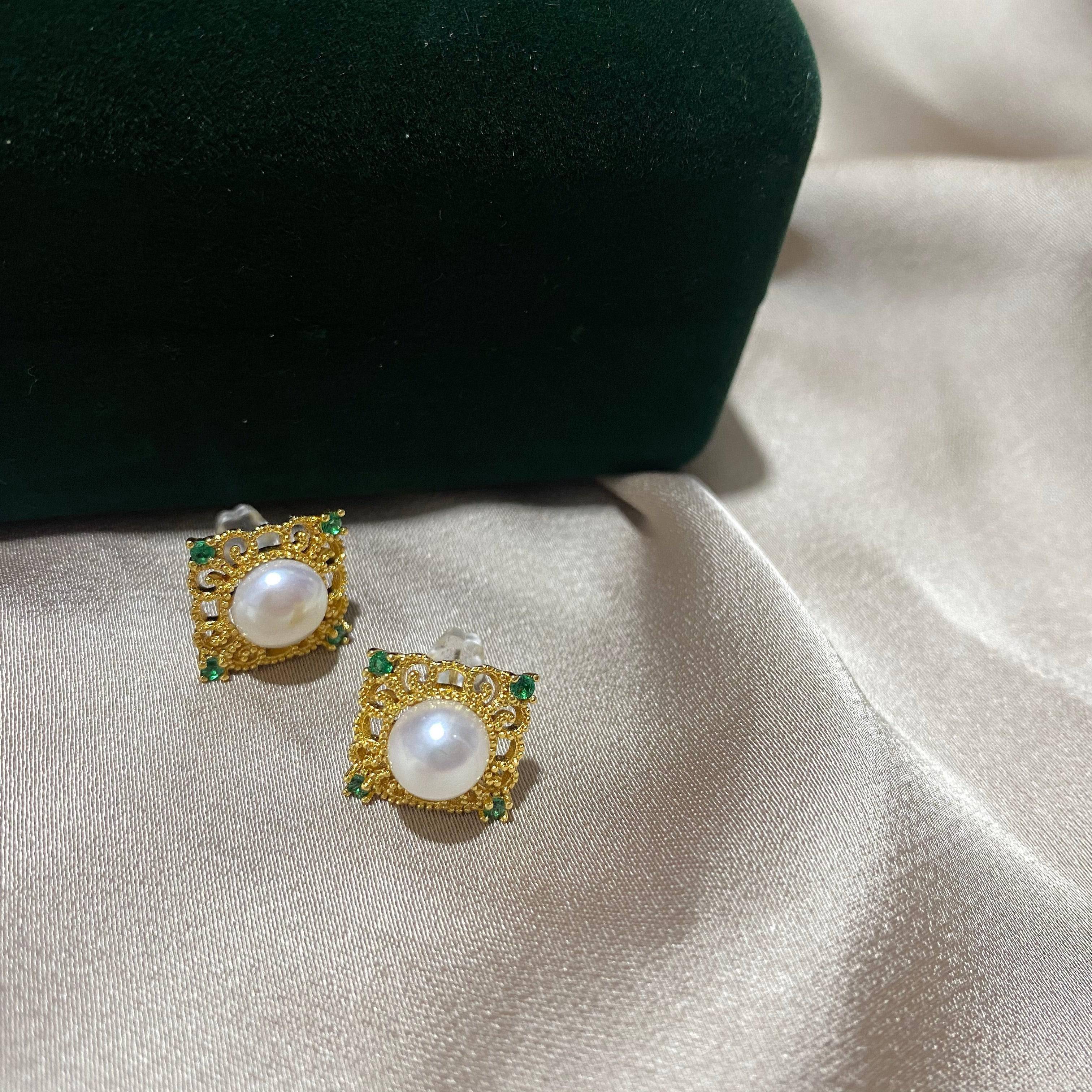 Green Square Pendant White Freshwater Pearl Jewelry Set