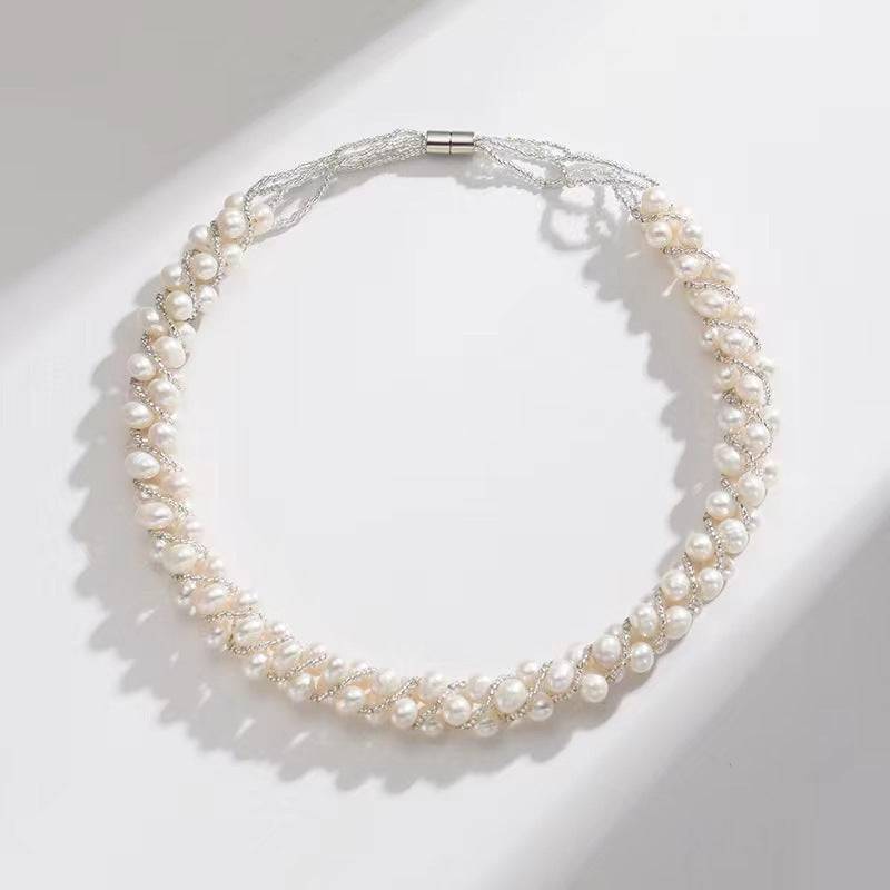 White Freshwater Pearls Twist Braided Necklace & Bracelet (Purchase Individually)