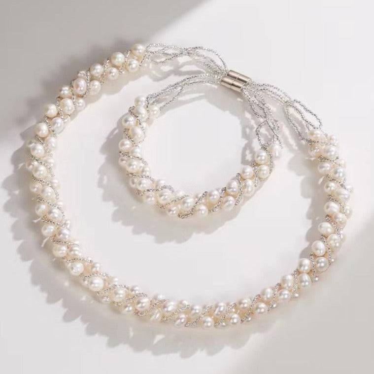 White Freshwater Pearls Twist Braided Necklace & Bracelet (Purchase Individually)