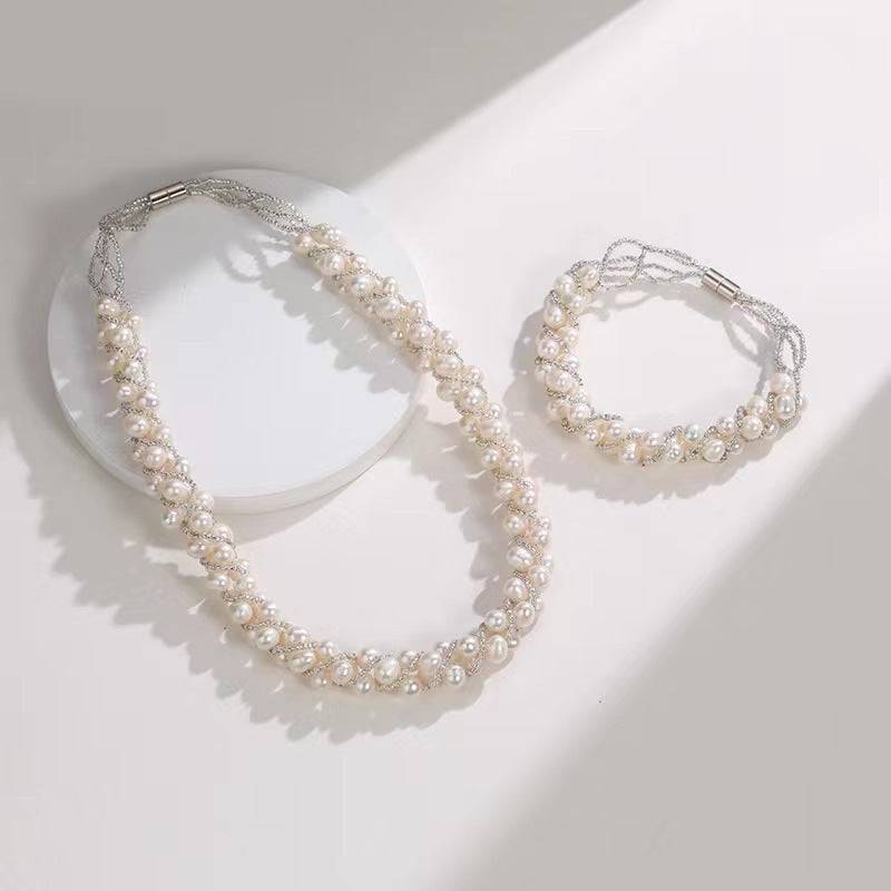 White Freshwater Pearls Twist Braided Necklace & Bracelet (Purchase Individually)